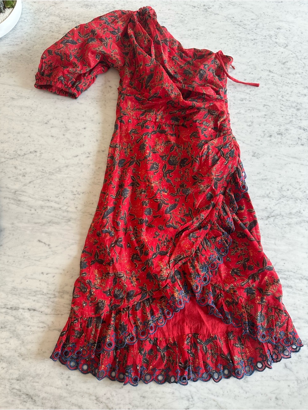 Isabel Marant Red One-Shoulder Floral Midi Dress